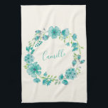 Aqua Sea Green Floral Wreath Personalised Tea Towel<br><div class="desc">Aqua Sea Green Floral Wreath Personalised Kitchen Towel</div>