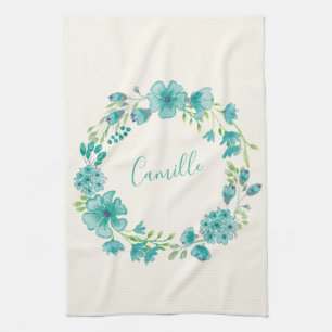 Aqua Sea Green Floral Wreath Personalised Tea Towel