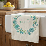 Aqua Sea Green Floral Wreath Personalised Tea Towel<br><div class="desc">Aqua Sea Green Floral Wreath Personalised Kitchen Towel</div>