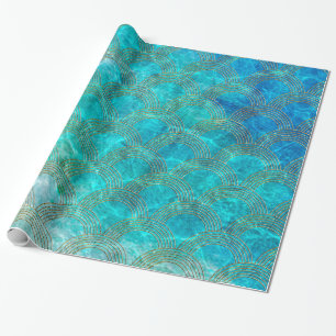 Aqua sea Mermaidscales with gold glitter frame Wrapping Paper