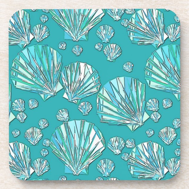 Aqua, seafoam sea shells, turquoise background coaster (Front)