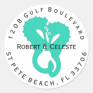Aqua Seahorses Nautical Return Address Classic Round Sticker