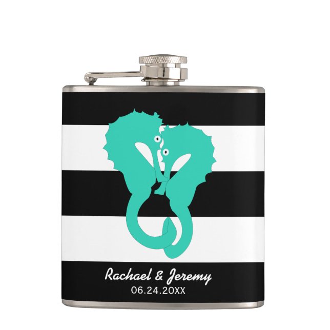 Aqua Seahorses on Stripes Couple's Personalised Hip Flask (Front)
