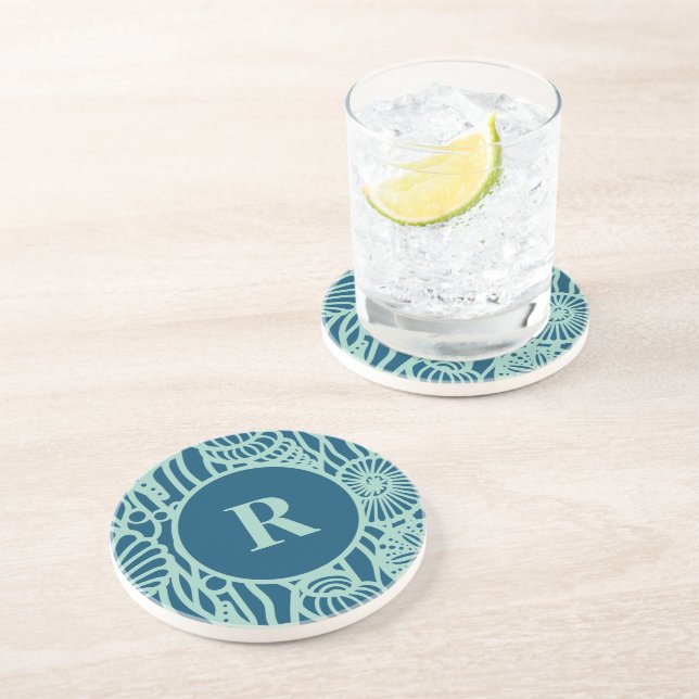 Aqua Seashell Pattern Sandstone Coaster (Side)