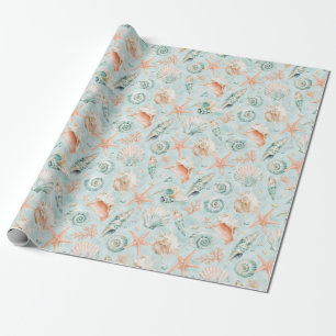 Aqua Seashell Starfish Watercolor Coastal Gift Wra Wrapping Paper