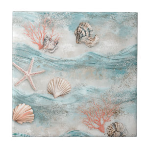 Aqua Seaside Coral Beach Pattern Ceramic Tile