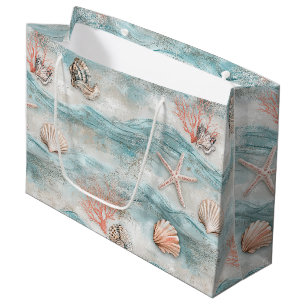 Aqua Seaside Coral Beach Pattern Large Gift Bag