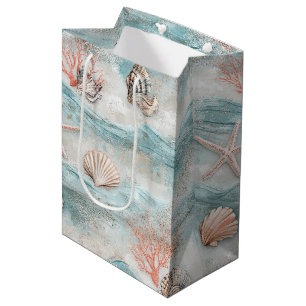 Aqua Seaside Coral Beach Pattern Medium Gift Bag