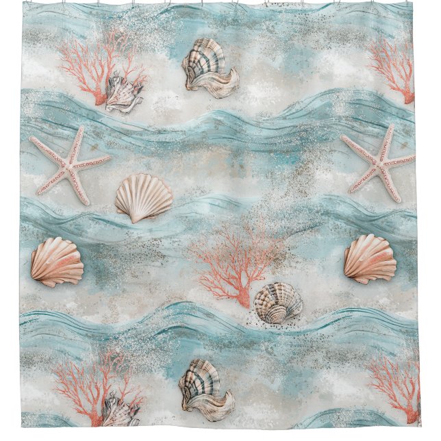 Aqua Seaside Coral Beach Pattern Shower Curtain (Front)
