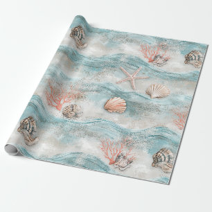 Aqua Seaside Coral Beach Pattern Wrapping Paper