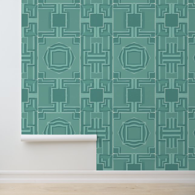 Aqua Serenity: Art Deco 3D Geometric Pattern Wallpaper (Application)