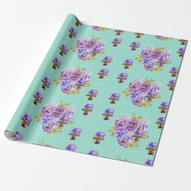 Aqua Shabby Chic Pansy flowers floral Wrapping Wrapping Paper (Unrolled)
