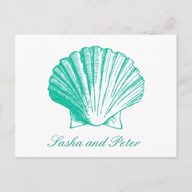 Aqua Shell Beach Wedding RSVP Postcard (Front)