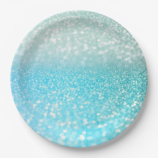 Aqua Silver Beach Blue Summer Glitter Gradient Paper Plate (Front)