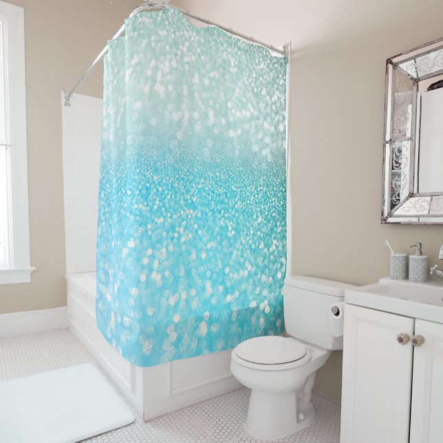 Aqua Silver Beach Blue Summer Glitter Gradient Shower Curtain (In Situ)