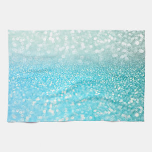 Aqua Silver Beach Blue Summer Glitter Gradient Tea Towel