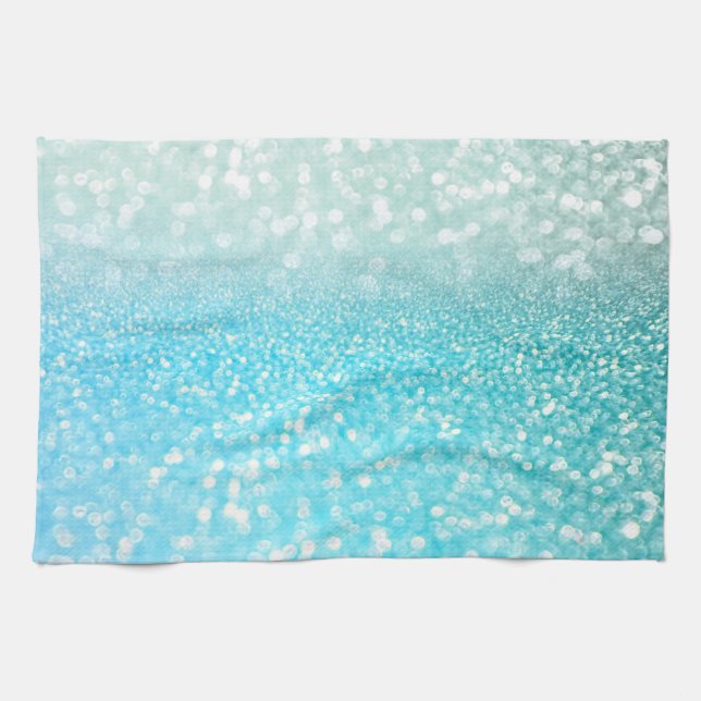 Aqua Silver Beach Blue Summer Glitter Gradient Tea Towel (Horizontal)