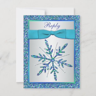 Aqua, Silver, Blue Snowflake RSVP Card