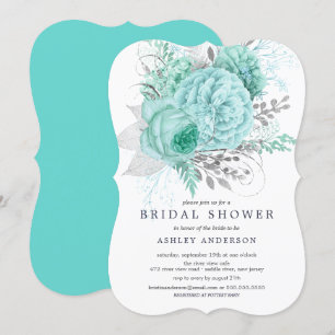 Aqua & Silver Floral Bridal Shower Invitation