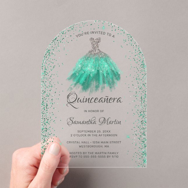 Aqua Silver Glitter Dress Quinceañera Party Acrylic Invitations (Insitu (Handheld))