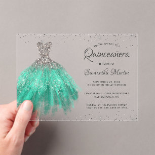Aqua Silver Glitter Dress Script Quinceañera Party Acrylic Invitations
