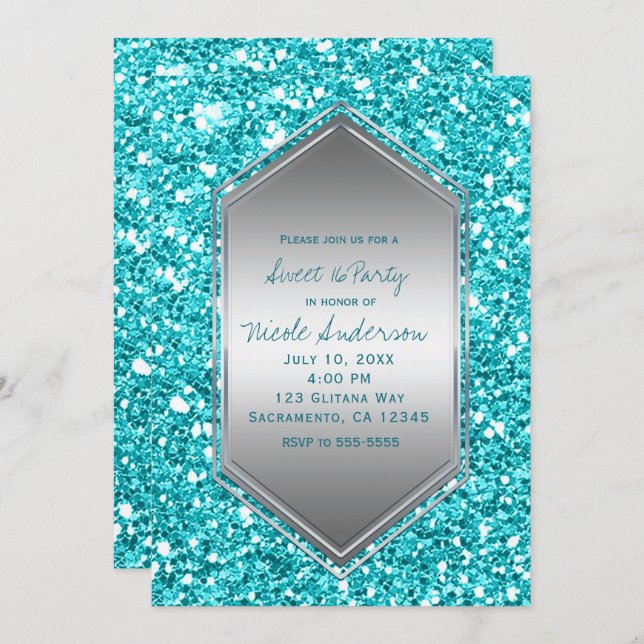 Aqua Silver Glitter Glam Birthday Party Any Event Invitation (Front/Back)