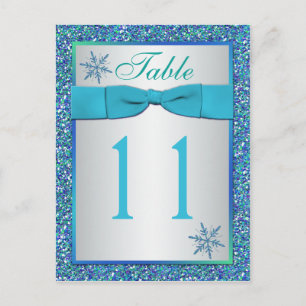 Aqua Silver Green Snowflakes Table Number Card