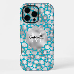 Aqua Silver Leopard Animal Print Monogram iPhone 16 Pro Max Case