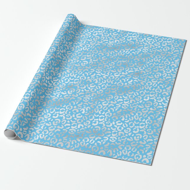 Aqua Silver Leopard Print Wrapping Paper (Unrolled)