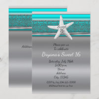 Aqua & Silver Starfish Beach Sweet 16 Invitations