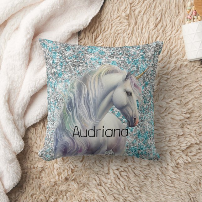 Aqua Silver Unicorn Glitter Sparkle Cushion (Blanket)