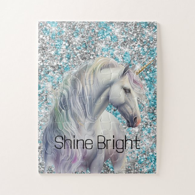 Aqua Silver Unicorn Glitter Sparkle Jigsaw Puzzle (Vertical)