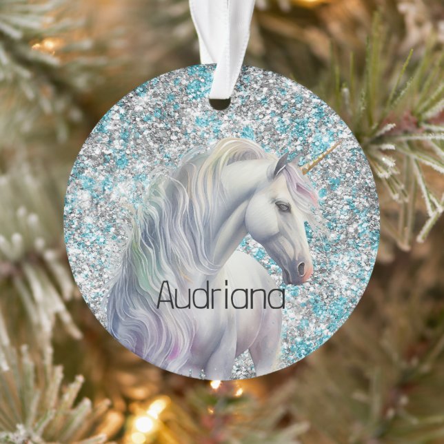 Aqua Silver Unicorn Glitter Sparkle Ornament (Tree)