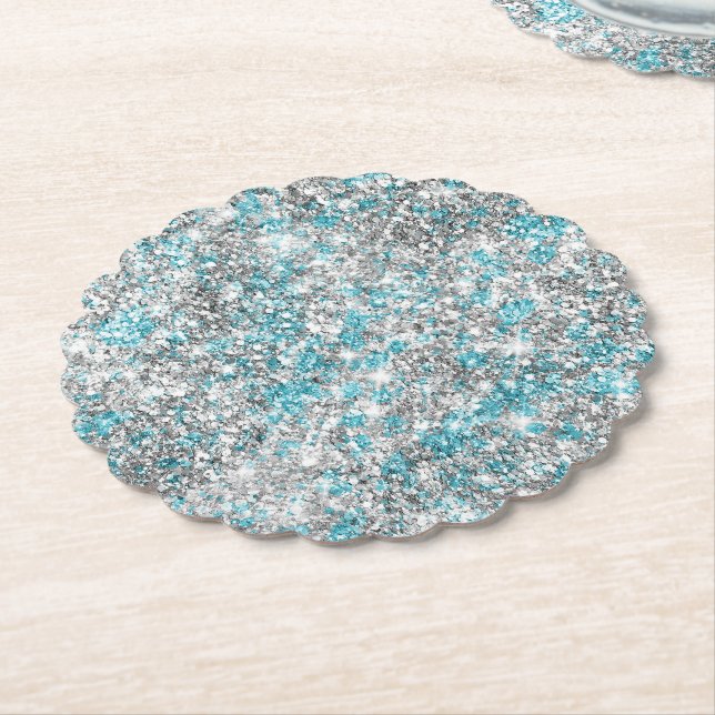Aqua Silver Unicorn Glitter Sparkle  Paper Coaster (Angled)