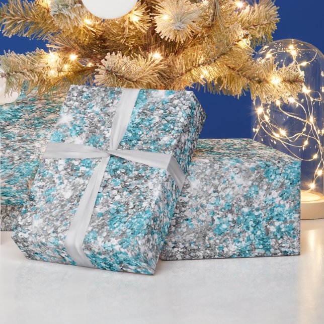 Aqua Silver Unicorn Glitter Sparkle Wrapping Paper (Holidays)