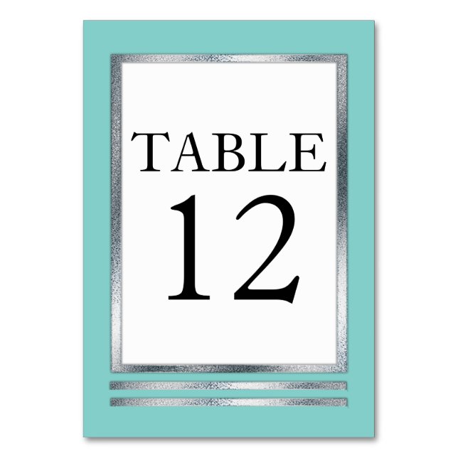 Aqua | Silver | White Modern Simple Elegant Table Number (Front)