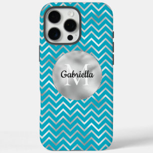 Aqua Silver Zigzag Stripes Monogram iPhone 16 Pro Max Case