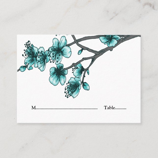 Aqua Simple Cherry Blossoms Place Cards (Front)
