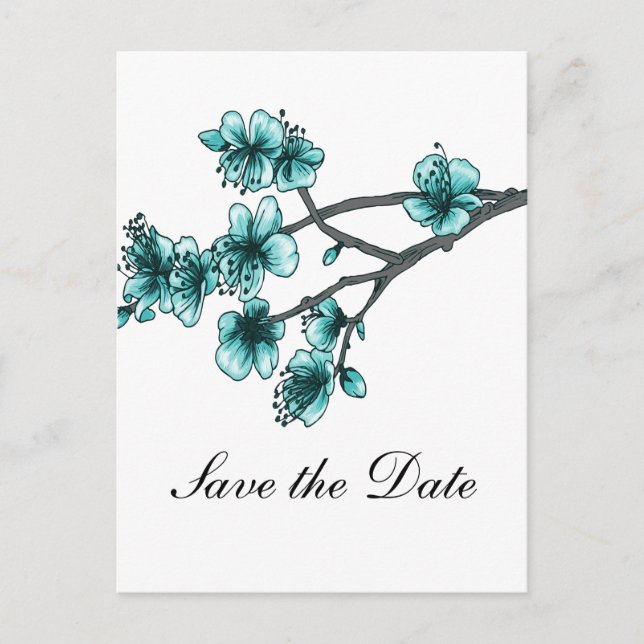 Aqua Simple Cherry Blossoms Save the Date Announcement Postcard (Front)