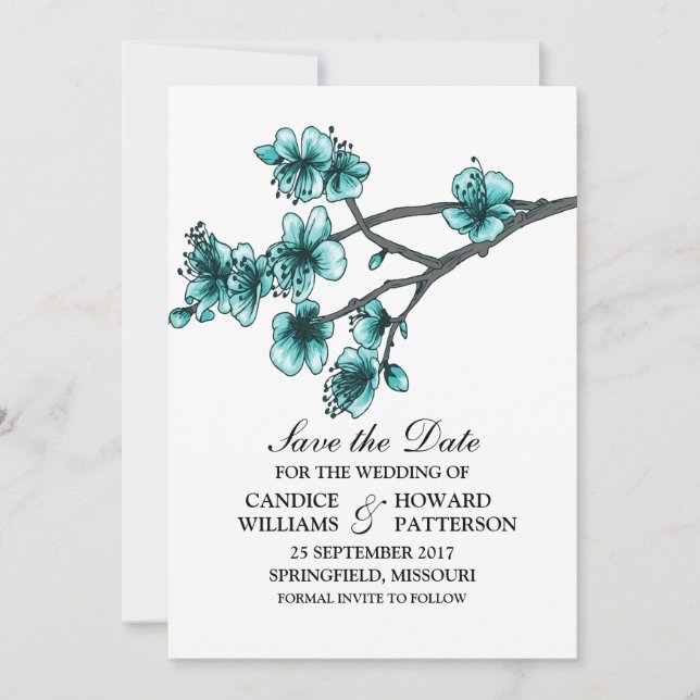 Aqua Simple Cherry Blossoms Save the Date Invite (Front)