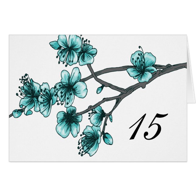 Aqua Simple Cherry Blossoms Table Number Card (Front Horizontal)