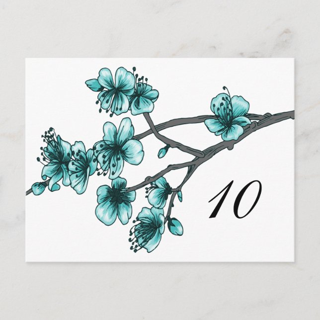 Aqua Simple Cherry Blossoms Table Number Postcard (Front)