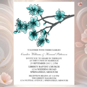 Aqua Simple Cherry Blossoms Wedding Invite