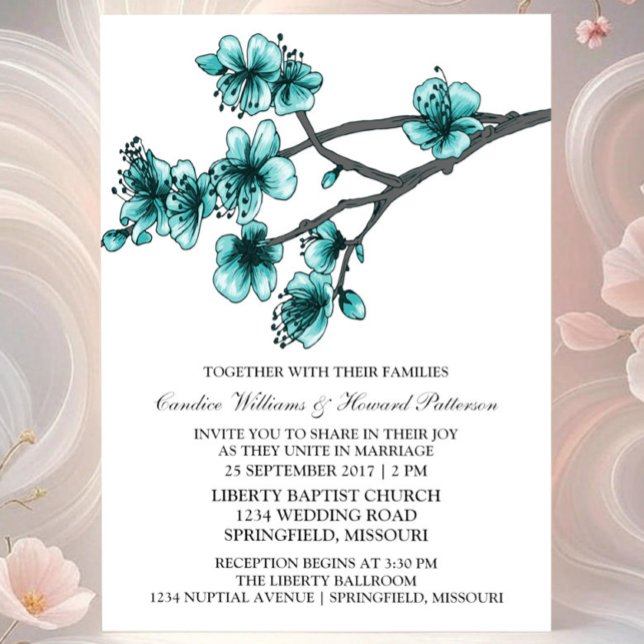 Aqua Simple Cherry Blossoms Wedding Invite (Aqua Simple Cherry Blossom Wedding Invite)