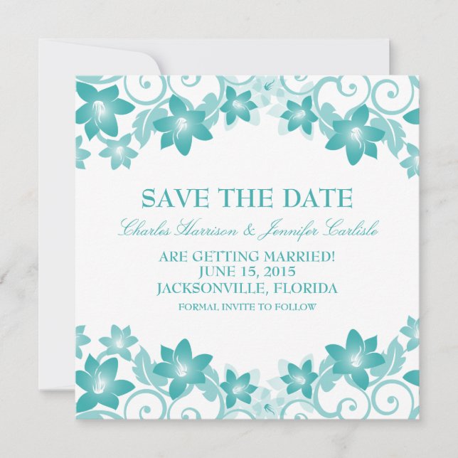 Aqua Simple Floral Save the Date Invite (Front)