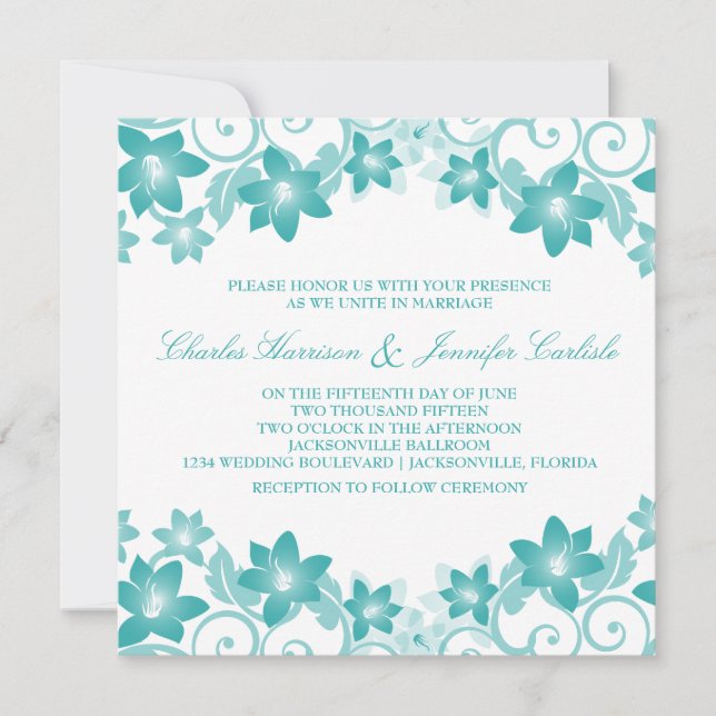 Aqua Simple Floral Wedding Invite (Front)
