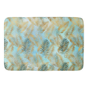 Aqua Sky Green Gold Tropical Leaves         Bath Mat