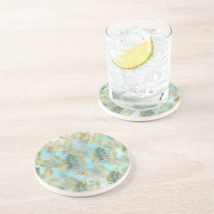 Aqua Sky Green Gold Tropical Leaves Coaster
