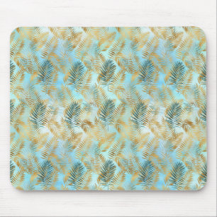 Aqua Sky Green Gold Tropical Leaves Mouse Pad