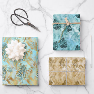 Aqua Sky Green Gold Tropical Leaves Wrapping Paper Sheet